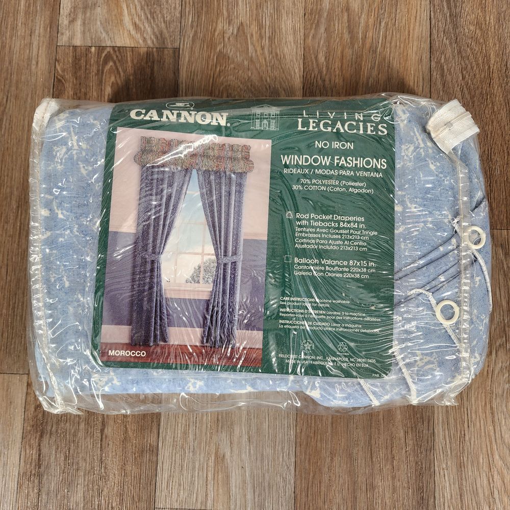 Vintage Cannon Living Legacies Blue‎ Rod Pocket Draperies with Tiebacks 84"x84"